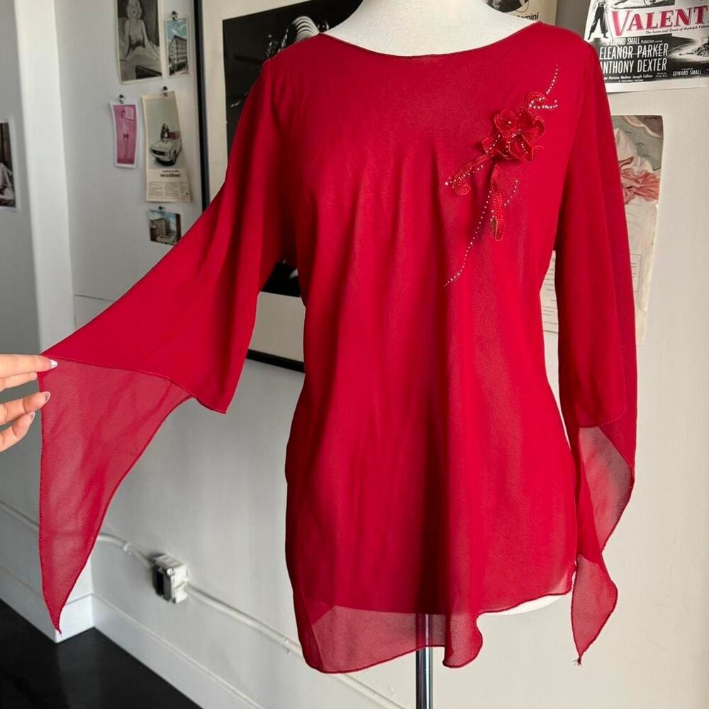 Y2k red asymmetrical blouse see